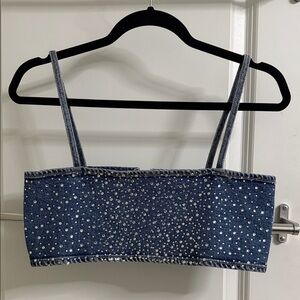 Zara Light Blue Denim Strap Crop Top with Crystal Detail